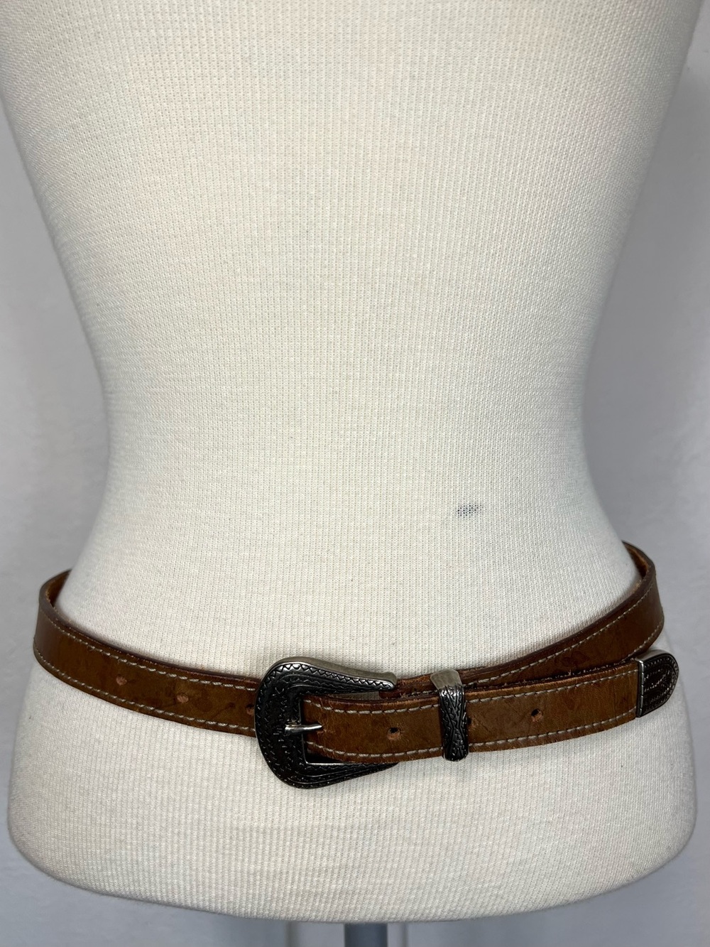 Brown Leather Western Belt with Silver Buckle - Picture 8 of 16